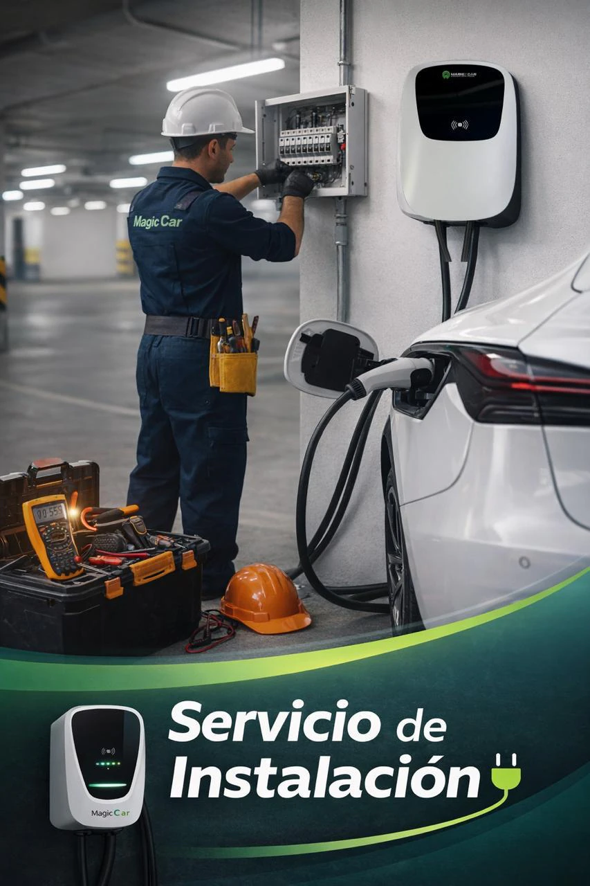 Ilustración del servicio de instalación: técnico con uniforme Magic Car revisando un tablero eléctrico junto a un cargador de pared y un vehículo conectado, con el título «Servicio de Instalación».